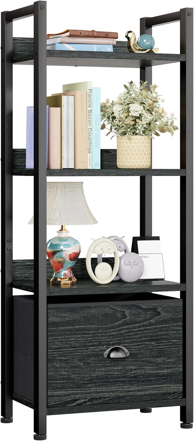 Furologee 4 Tier Bookshelf with Drawer, Small Narrow Bookcase, Wood and Metal Standing Shelf Unit, Industrial Display Storage Shelves Organizer for Bedroom, Living Room, Entryway, Black