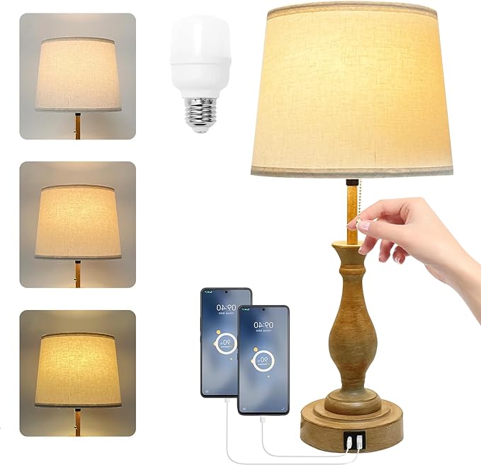 Farmhouse Table Lamp 3-Way Dimmable Table Lamp, Modern Nightstand Lamp with 2 USB Port Pull Chain Bedside Desk Lamp with Fabric Shade for Living Room Bedroom Hotel (Pack 1-Beige Shade & Pull Chain)