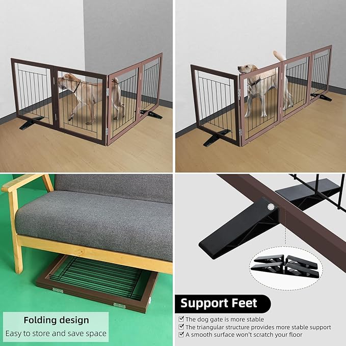 ZJSF Freestanding Dog Gate Indoor, Foldable Dog Fence for Doorways,Hallways or Stairs, Sturdy Wood Extra Wide Pet Gate with Support Feet,Brown,32 "Height-4 Panels