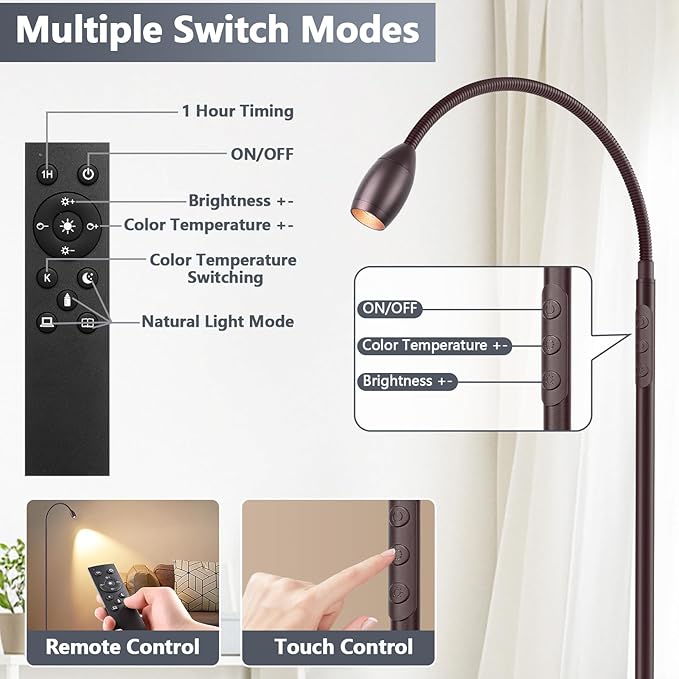 Reading Floor Lamp, 72" Tall LED Lamp with Flexible Gooseneck, Dimmable Zoomable Spotlight, Adjustable Color Beam Standing Lamp, Touch & Remote Control, Task Craft Living Room (Oil-Rubbed Bronze)