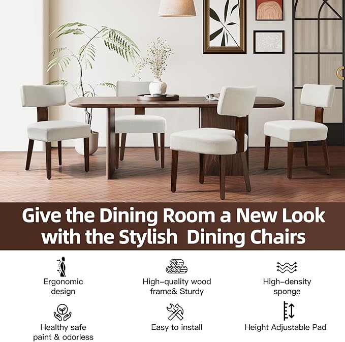 Dining Chairs Set of 4, Fabric Upholstered Wood Kitchen Chairs, Armless Linen Curved Backrest Accent Chair Farmhouse Modern Dining Chairs with Foot Pad for Kitchen/Living Room/Restaurant/Cafe-Beige