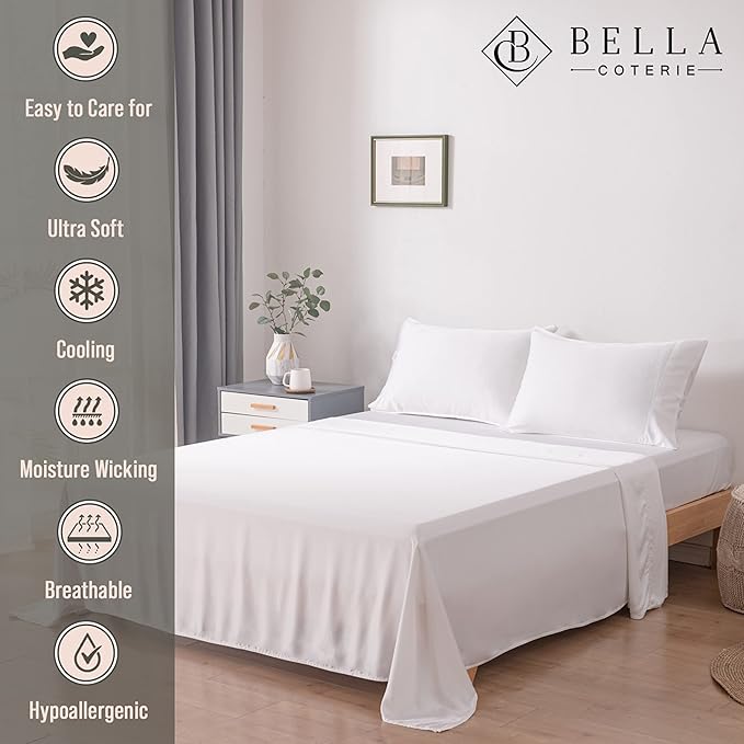 Bella Coterie Luxury Bamboo Viscose 34” Split Top King Size Sheet Set | 1 Fitted Sheet for Sleep Number & Adjustable Beds | 100% Organically Grown | Cooling & Soft | 18” Deep Pocket [White]