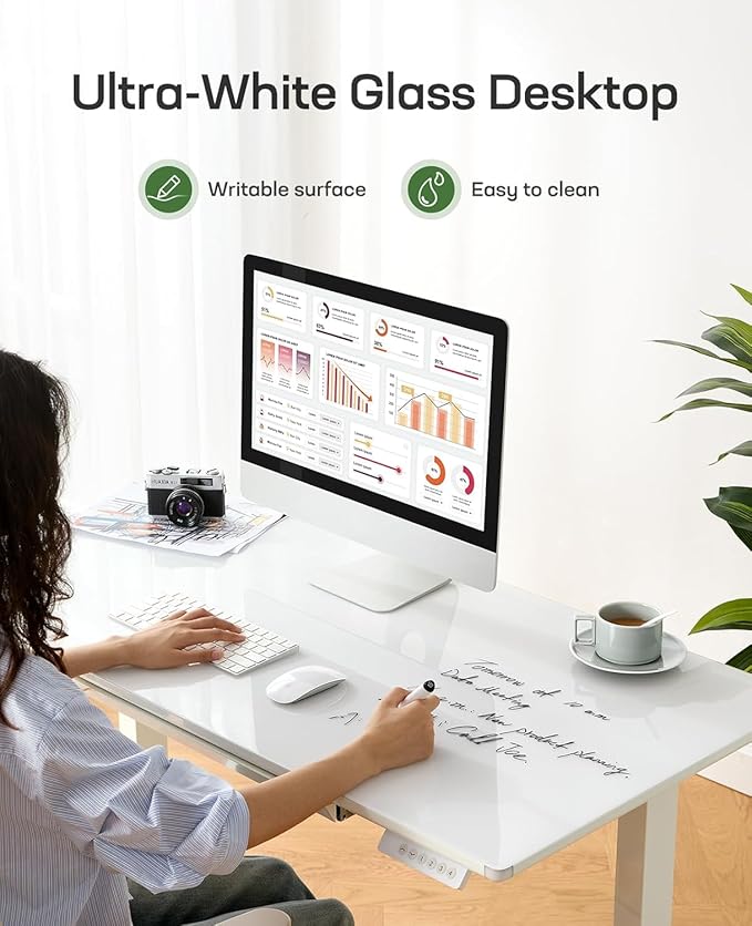 Marsail Glass Standing Desk with Drawer, 48 x 24 Inches Office Desk, Electric Standing Desk with One-Piece Tempered Glass Top, Ergonomic Home Office Sit Stand Desk with 4 Preset Heights, White