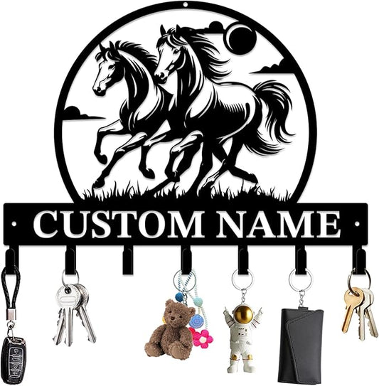 Personalized Custom Name Farm Horse Wall Key Hooks,Metal Horse Art Clothes Hooks,Metal Horse Wall Home Storage Decorative,For Front Door, Hallway, Kitchen, Bedroom,Keys,Hats (Style M)