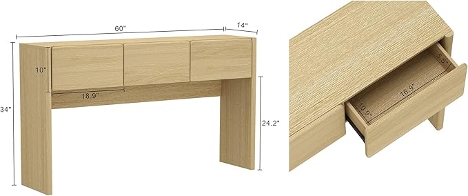 Manhattan Comfort Linda Modern Console Table with 3 Storage Drawers – 60" Narrow Entryway Stand for Living Room, Hallway, or Dining Room – Wood Grain Accent Furniture, Natural Oak