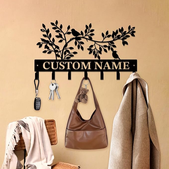 Personalized Custom Name Birds of Trees Wall Key Hooks,Metal Birds of Trees Art Clothes Hooks,Metal Birds of Trees Wall Home Storage Decorative,For Front Door, Hallway, Kitchen, Bedroom(Style A)