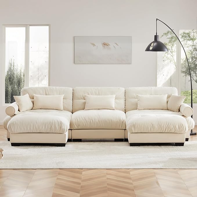 130" Oversized 3 Seater Modular Sectional Sofa, Beige White Large U Shaped Sectional Couches for Living Room, Fluffy Couch Set, Velvet Cloud Couch with Ottoman