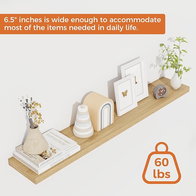 Fun Memories Floating Shelves for Wall, 40" Rustic Wood Deep Wall Mounted Shelves with Invisible Brackets for Decor & Storage, Floating Shelf for Living Room, Bathroom (Oak, Set of 2)