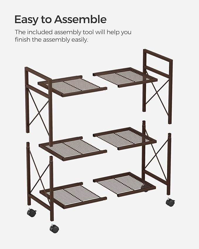 SONGMICS 3-Tier Metal Storage Rack with Wheels, Mesh Shelving Unit with X Side Frames, 23.6-Inch Width, for Entryway, Kitchen, Living Room, Bathroom, Industrial Style, Metallic Bronze UBSC163A01