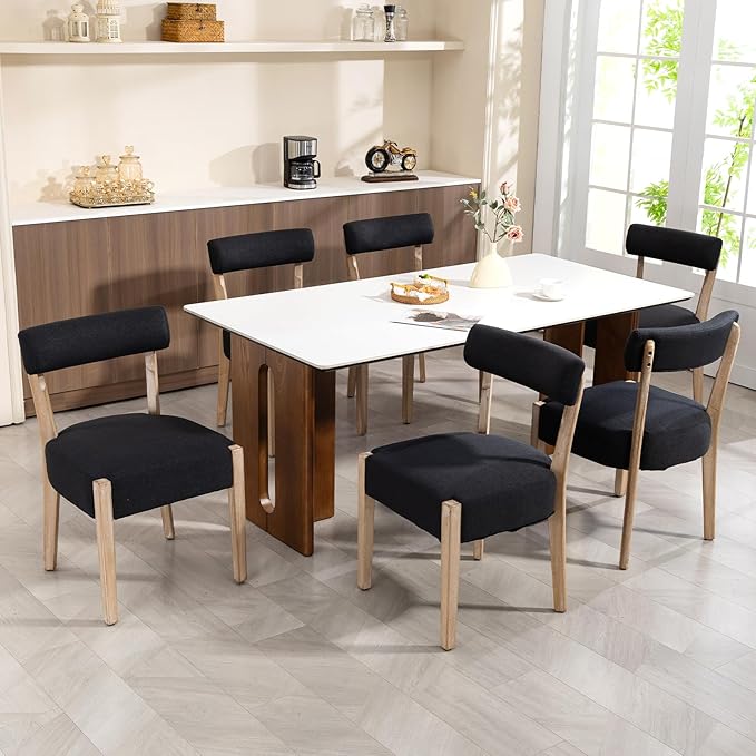 Dining Chairs Set of 6,Mid Century Modern Dining Chair Set - Linen Upholstered Low Back Kitchen & Dining Room Chairs with Woven Design,Black Fabric