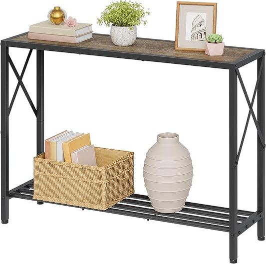 Tajsoon Console Table 41.8”, 2-Tier Industrial entryway Table, Narrow Sofa Table with Shelves, Entrance Table for Entryway, Hallway, Living Room, Foyer, Corridor, Office, Grey & Black