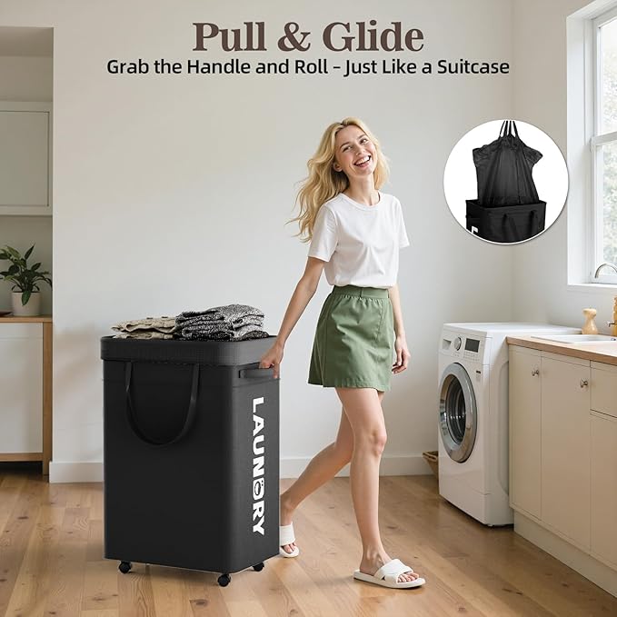 YECAYE 75L Rolling Laundry Hamper, Easy-to-Assemble Clothes Hamper with Wheels, Rolling Dirty Clothes Basket, Slim Basket for Bedroom, Bathroom, or Laundry Room, Black