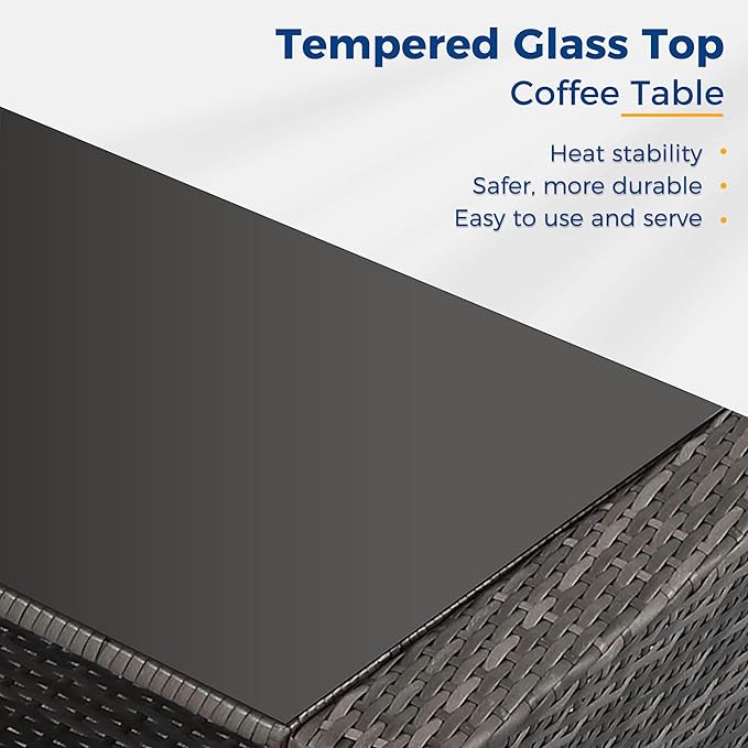 Wisteria Lane 5 Piece Patio Furniture Set, Wicker Outdoor Patio Conversation Furniture Set, All Weather Outdoor Patio Sofa with Cushion and Glass Table, Dark Grey