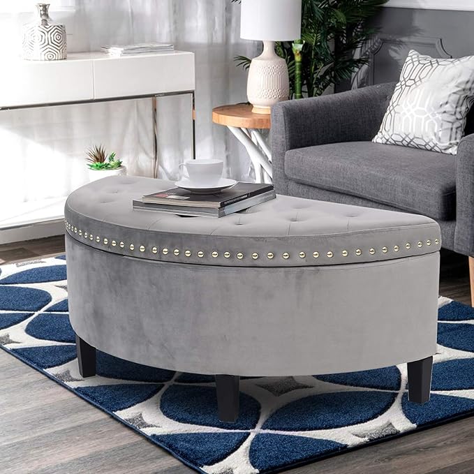 Homebeez 43" Half Moon Storage Ottoman Bench, Lift Top Velvet Storage Ottoman Bench for Bedroom Living Room(Light Gray)