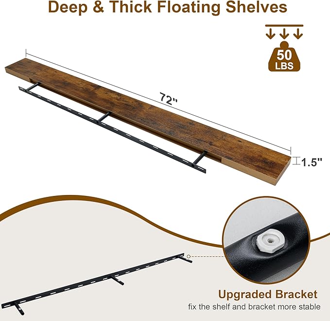 Fun Memories 72Inch Floating Shelves,Wall Mounted Rustic Wood Floating Shelf with Invisible Brackets for Storage & Decor,2 Pack Shelves for Bathroom,Bedroom and Kitchen,Brown