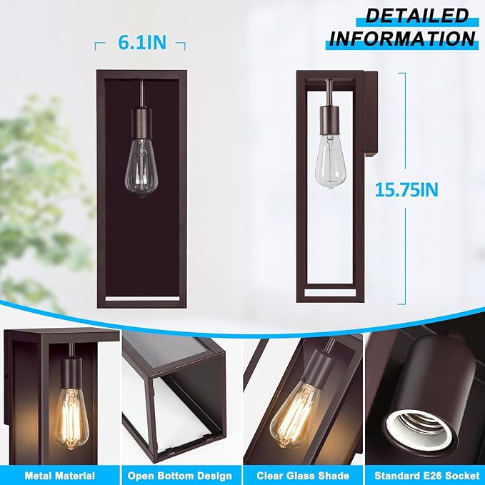 2-Pack Outdoor Wall Lanterns, 16” Exterior Waterproof Outdoor Lights with Glass Shades, Brown Porch Lights Wall Mounted, Anti-Rust E26 Modern Lighting Fixtures for Patio Garage Entryway Front Door