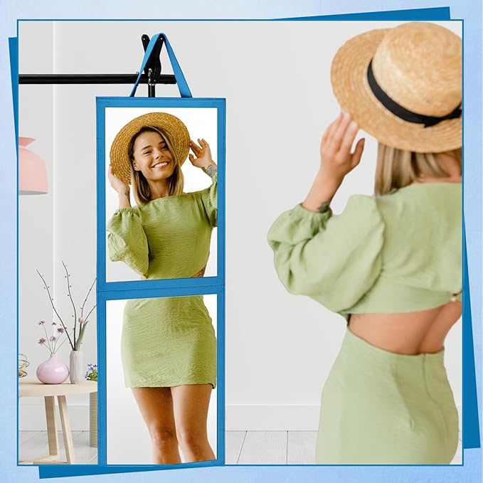 Foldable Portable Full Length Mirror for Dorm Dance Backstage Camping Travel Hanging Folding Makeup Body Mirror for Dancers Artists Home Aestheticians Spa(Blue,33.5" X 13.4")