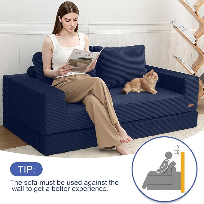 COMAX Convertible Sofa Bed Queen, Corduroy Folding Floor Couch Pull Out Couch Bed Futon Sleeper with Pillows, Fold Out Boneless Sofa Comfy Lounge Mattress Loveseat for Living Room Bedroom, Navy