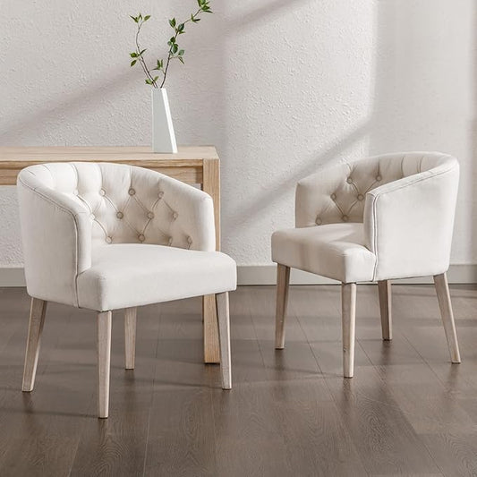 DUOMAY Modern Tufted Dining Chairs Set of 2, Linen Upholstered Side Chair, Comfy Accent Barrel Chair with Wood Legs for Home Kitchen Dining Room Living Room Restaurant, White