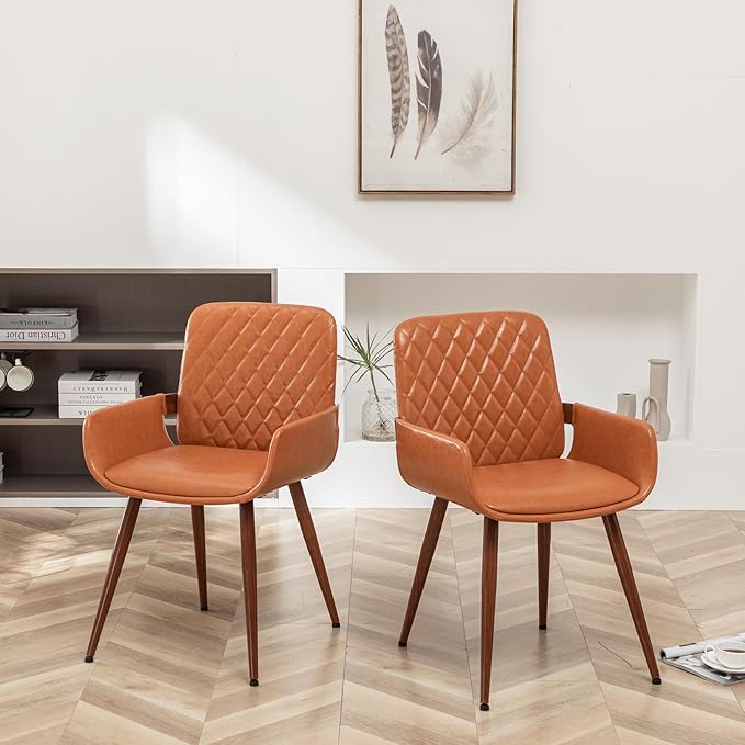 LUNLING Mid Century Modern Dining Room Chairs Set of 2 Accent Faux Leather Kitchen Chair Bentwood Frame with Armrest,Upholstered Seat,Metal Legs Chairs,Adjustable Foot for Kitchen Dining Desk(Orange)