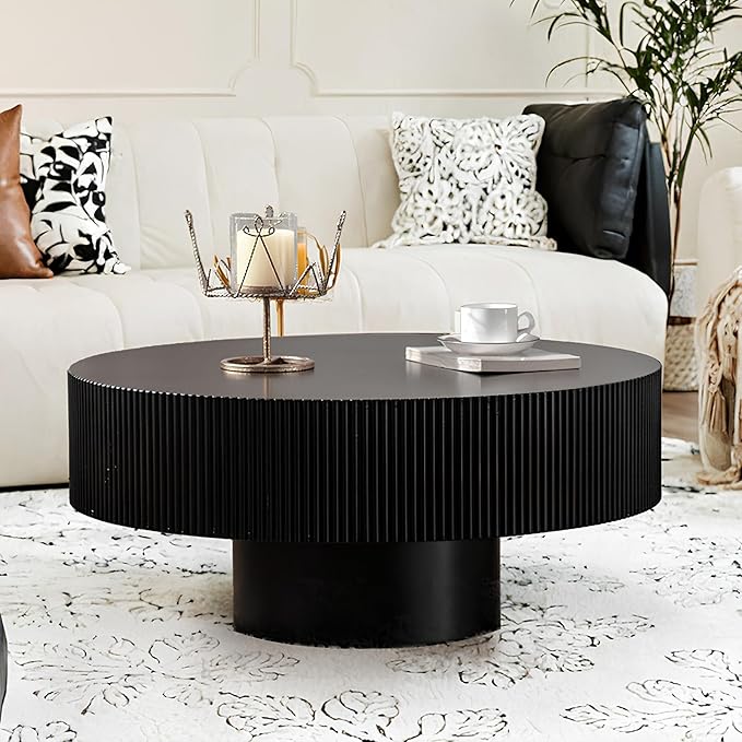 Round Coffee Table for Living Room, 30.91'' Modern Handcraft Drum Coffee Table Unique Fluted Coffee Tables Wood Center Table End Table for Small Space, Farmhouse Apartment Office (Black Thick)