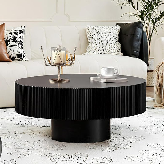 Round Coffee Table for Living Room, 30.91'' Modern Handcraft Drum Coffee Table Unique Fluted Coffee Tables Wood Center Table End Table for Small Space, Farmhouse Apartment Office (Black Thick)