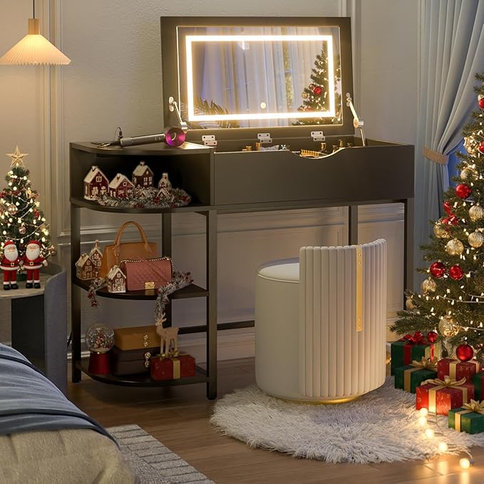 Cyclysio Vanity Desk with Flip Top Mirror and Lights, Makeup Vanity Desk with Drawers, Dressing Table with Storage Shelves & Charging Station, Small Vanity for Small Spaces, Black