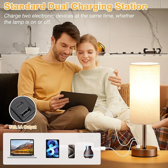 Dicoool Beige Touch Table Lamp for Bedroom - 3 Way Dimmable Bedside Lamp with USB, Nightstand Lamp with Brown Charging Station for Desk, Dorm, Office