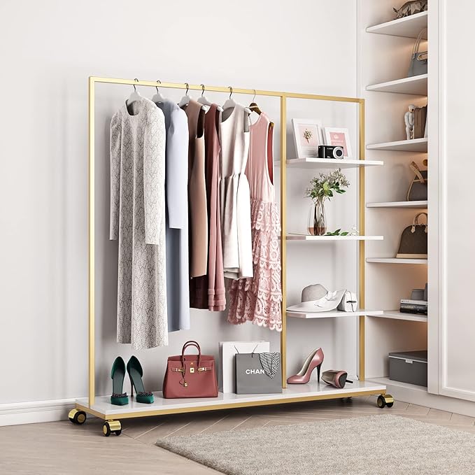 Metal Gold Clothing Rack for Boutique Use, Heavy Duty Garment Rack with Shelves for Retail Display (59L inches)