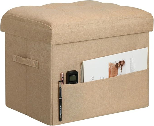 Ottoman with Storage, Small Storage Ottoman Foot Rest with Thicker Foam Padded Seat. Foldable Linen Cloth Foot Stool for Living Room Bedroom, Holds Up to 300 lbs, 17x13x13IN(Beige)