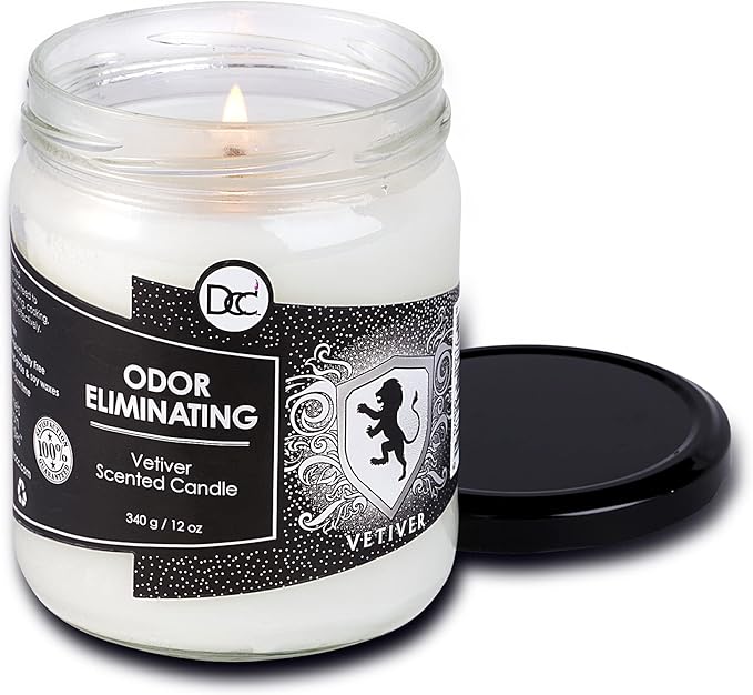Vetiver Odor Eliminating Highly Fragranced Candle - Eliminates 95% of Pet, Smoke, Food, and Other Smells Quickly - Up to 80 Hour Burn time - 12 Ounce Premium Soy Blend