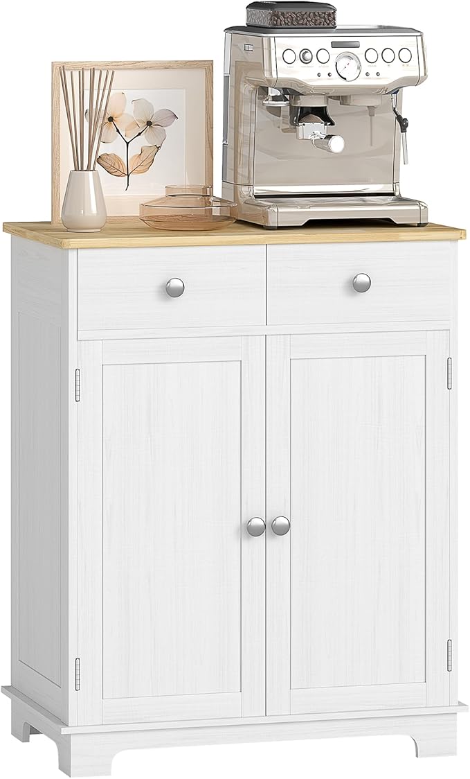 HOMCOM Sideboard with Solid Wood Countertop, Modern Kitchen Storage Cabinet, Coffee Bar Cabinet with 2 Drawers, Doors and Adjustable Shelf, Distressed White
