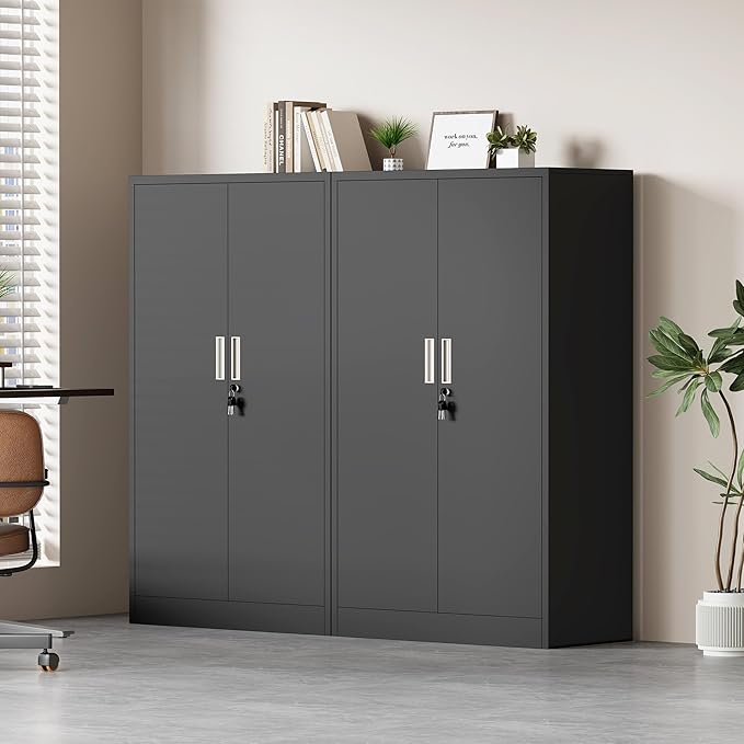 Metal Storage Cabinet with Locking Doors and 3 Adjustable Shelves, Lockable Storage Cabinets for Home Office Garage Kitchen Pantry (Black)