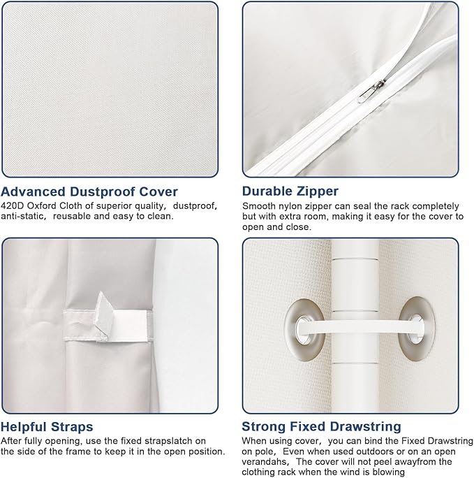 P8C Heavy Duty Clothes Rack（With Extended Width Design） Rolling Clothing Racks for Hanging Clothes with Lockable Wheels，51.2"W x 15.8"D x 80.5"H，Max Load 700LBS，White Rack with White Cover