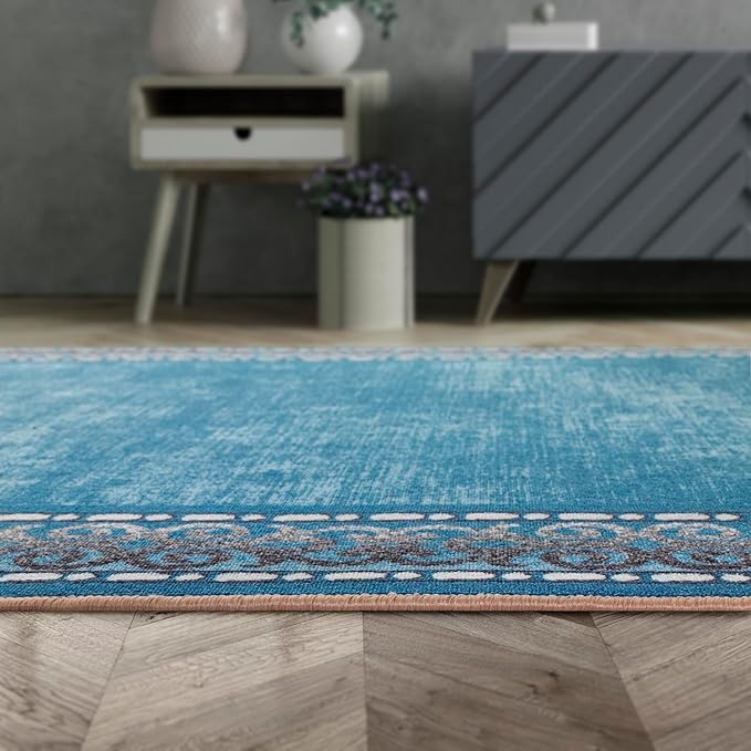 Antep Rugs Alfombras Bordered Modern 4x6 Non-Slip (Non-Skid) Low Pile Rubber Backing Indoor Area Rug (Turquoise Blue, 4' x 5'8")