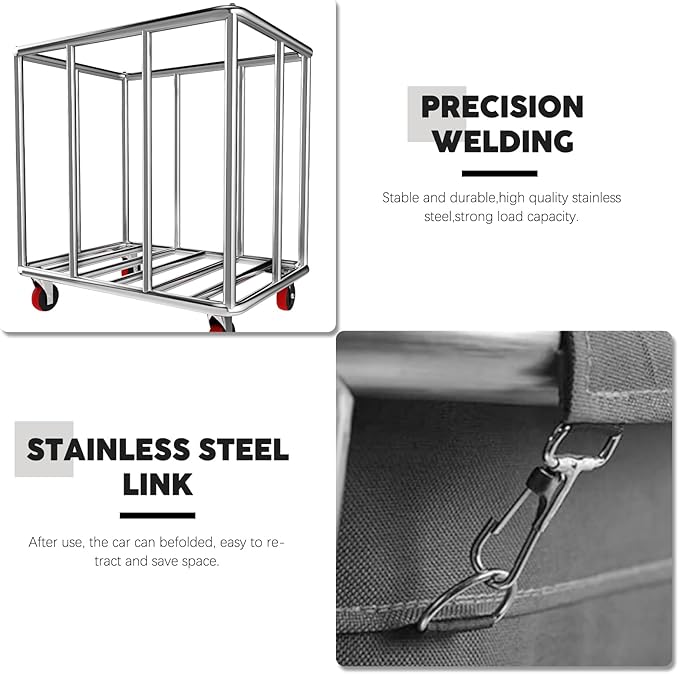 Commercial Laundry Cart on Wheels, 11.35 Bushels Large Roller with Removable Waterproof Canvas Lined Basket, Heavy Duty Stainless Steel for Hotels and Hospitals