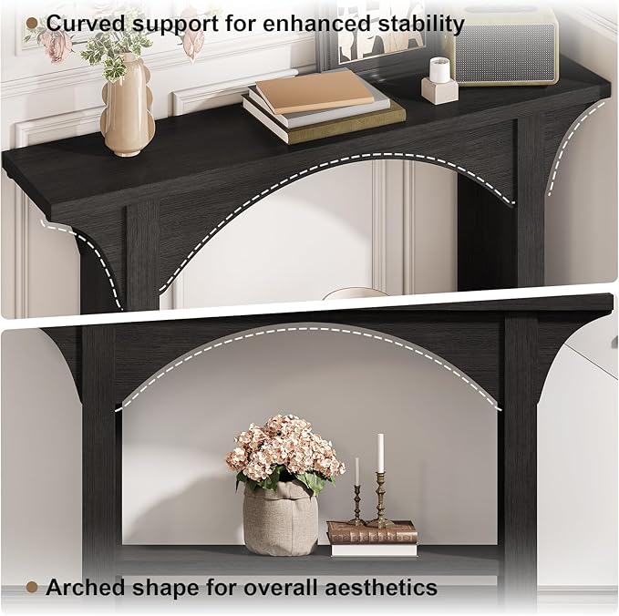 55 Inches Console Table,2 Tier Farmhouse Entryway Table,Narrow Wood Accent Tables with Storage Shelves for Living Room,Entrance,Hallway,Foyer (Black)
