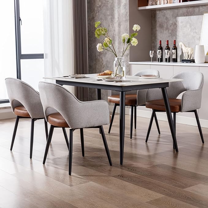 DUOMAY Modern Swivel Dining Chairs Set of 2, Linen & Faux Leather Upholstered Accent Side Chair, Home Office Desk Chair with No Wheels for Dining Room Living Room Office, Light Grey