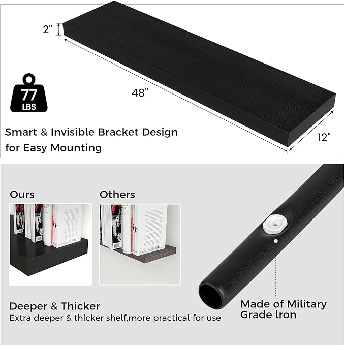 Floating Shelves for Wall, 48 Inch Wide x 12 Inch Deep Floating Shelves, Long Wood Floating Wall Shelf Shelves for Living Room Bathroom Bedroom Kitchen Home - (Black, 48" W x 12" D x 2" H)