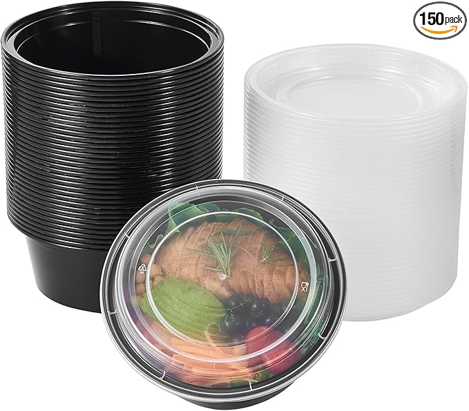 FULING 38 oz 150 ct Round Meal Prep Containers with Lids Plastic Food Storage To Go Lunch Plan Box Disposable Take Out Bowls Black BPA Free Reusable Durable Stackable Microwave Freezer Dishwasher Safe