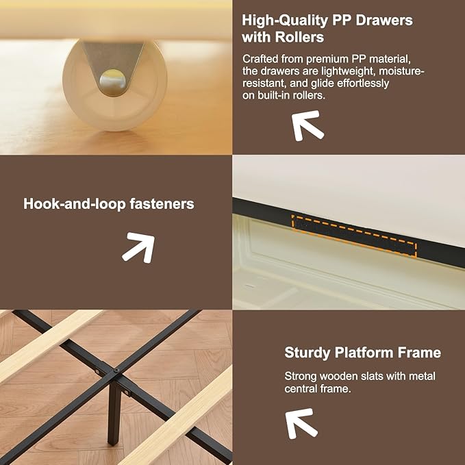 VELOCAVA Queen Size Upholstered Bed with 4 Storage Drawers, Modern Upholstered Bouclé Platform Frame with Curved Headboard, Sturdy Wood Slats, Rounded Corners, No Box Spring Needed, Cream White