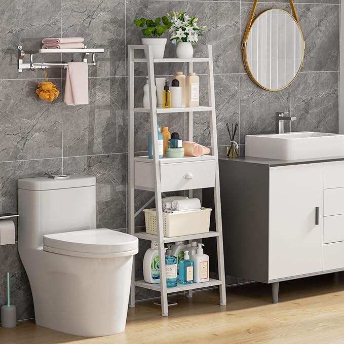 Furologee 5 Tier Bookshelf, Ladder Shelf with Drawer, Tall and Narrow Bookcase, Storage Shelves Organizer,Industrial Display Standing Units for Bathroom,Kitchen,Bedroom,Living Room,White