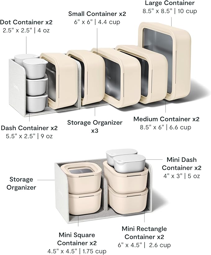 Caraway 22pc Glass Food Storage Set - Storage Containers for Food - Non-Toxic Ceramic-Coated Glass - Air Release Technology - Compact & Stackable Design - Cream