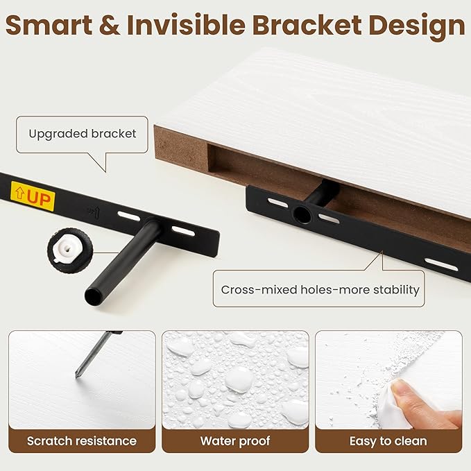 48 Inch Floating Shelves for Wall, 8 Inch Deep Floating Shelf for Storage & Display, Rustic Wall Mounted Shelf with Invisible Brackets for Living Room, Kitchen, Bathroom, Home Decor, Set of 2, White