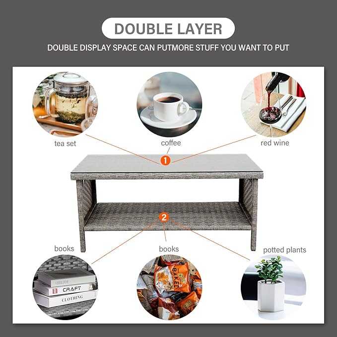 Rattaner Patio Coffee Table Outdoor Furniture Wicker Table 2-Layer Storage with Tempered Glass and Furniture Cover, Grey