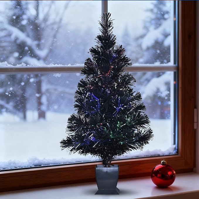 32inch Pre Lit Fiber Optic Christmas Tree,Small Christmas Tree with Lights,Mini Tabletop Christmas Trees,Starry Sky‌ Xmas Tree for Home,Office,Party Decoration,Indoor,Outdoor (Black)