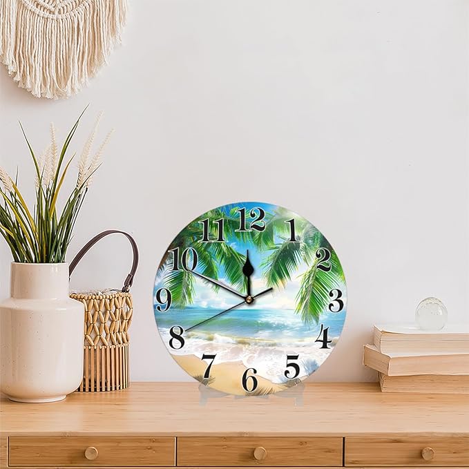 Tropical Beach Coconut Tree Wall Clock Battery Operated 10 in Round Wall Clocks Slilent Non Ticking Quartz Analog Clock for Bedroom Kids Living Room Classroom Decor