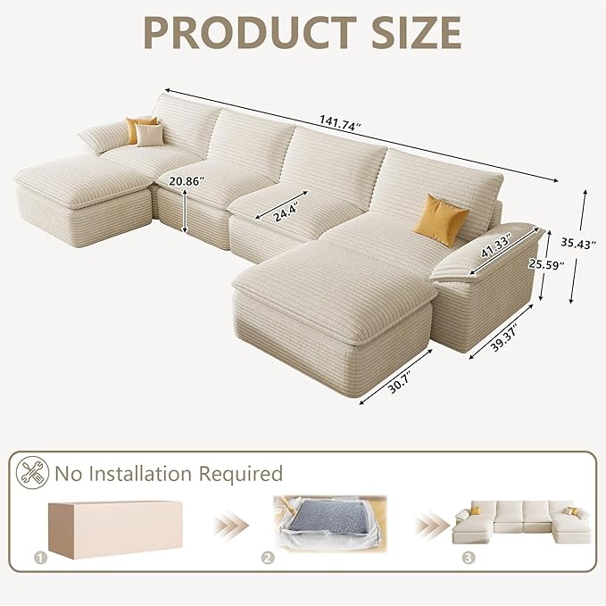 142" Cloud Sectional Couch with U-Shaped Chaise, Corduroy Sectional Sofa with Ottoman, Boneless Couch with Deep Seat in a Box for Living Room, No Assembly Required (White)