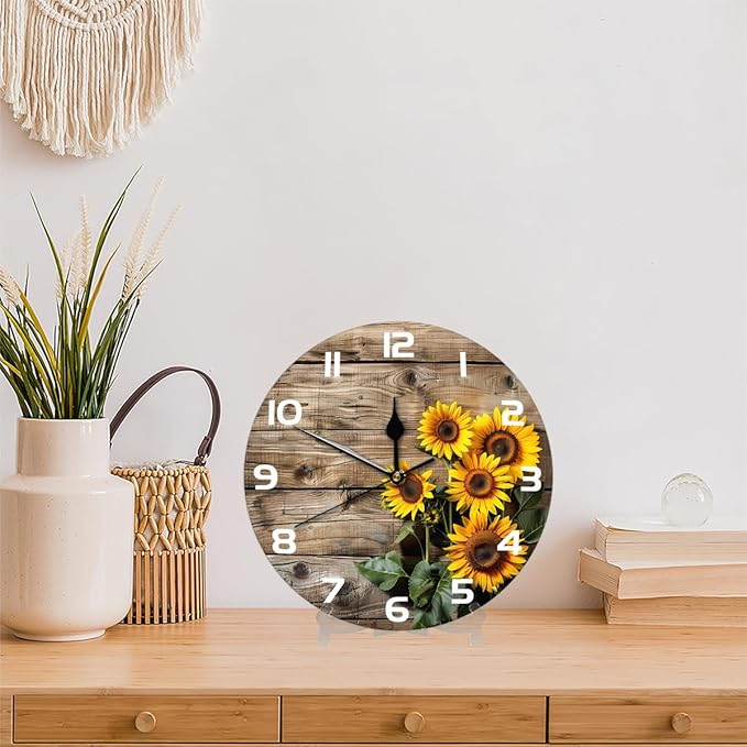 Retro Wooden Sunflower Wall Clock Battery Operated 10 in Round Wall Clocks Slilent Non Ticking Quartz Analog Clock for Bedroom Kids Living Room Classroom Decor