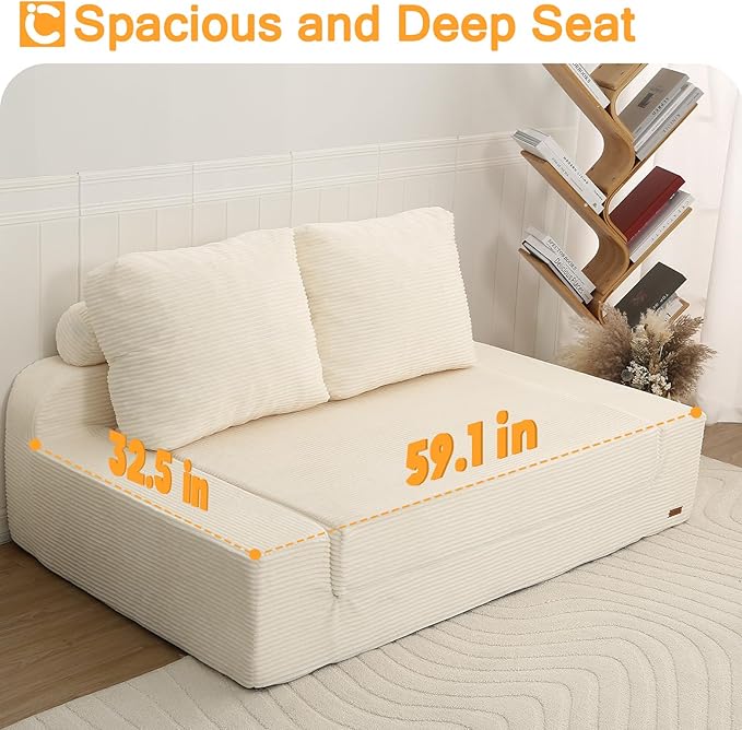 COMAX Convertible Sofa Bed Queen, Folding Floor Couch Corduroy Fold Out Couch Bed Sleeper Mattress with Back Pillows, Boneless Pull Out Loveseat Comfy Futon Lounge for Living Room Bedroom, Beige